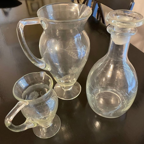 Antique engraved crystal glasses like new, set of 6 and 3 jugs