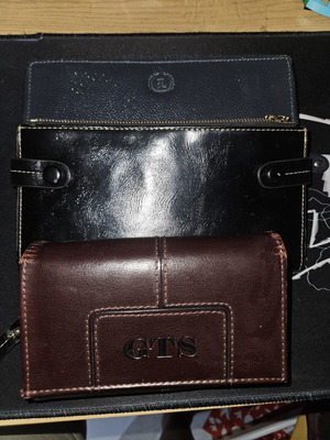 Women's wallets used, set of 3, brown, dark blue, black