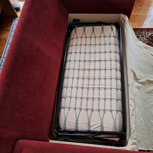 Fabric two-seater sofa with extendable semi-double bed with expansion mechanism