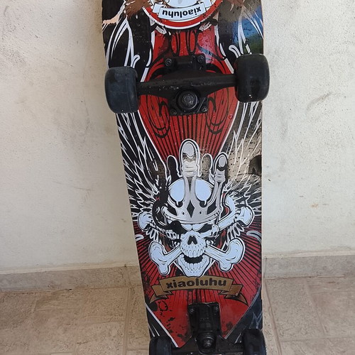 Xiaoluhu skateboard used with rock patina and skulls