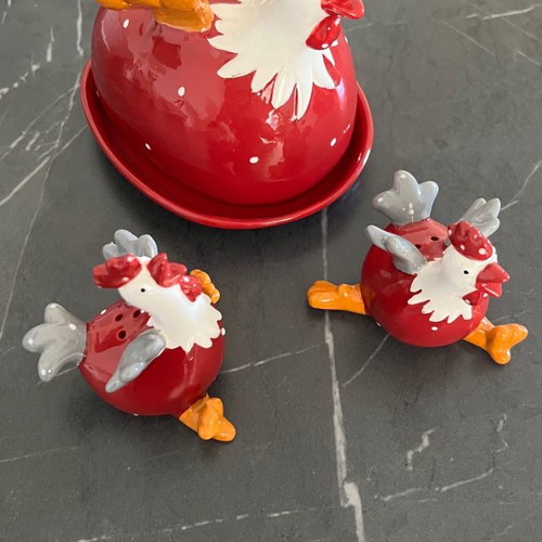 Ceramic Easter butter dish and salt pepper set new with red and white hens