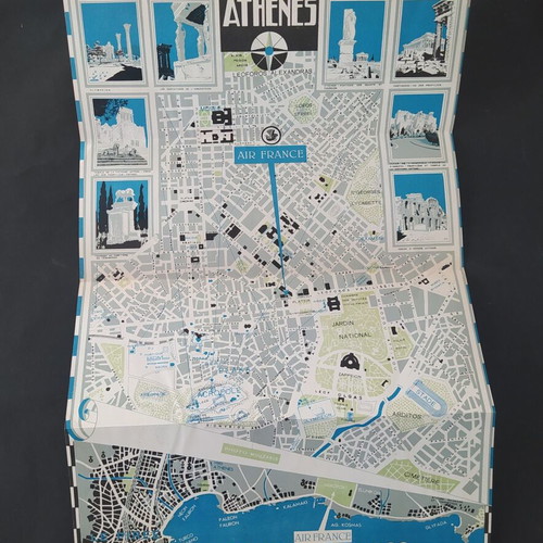 Vintage Air France Athens map by Roger Tourte, 1950s