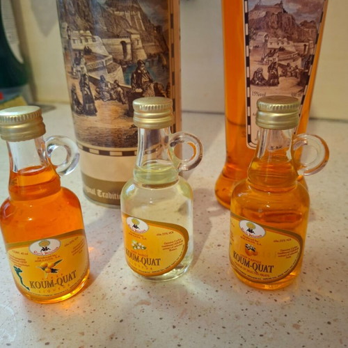 Old Fortress Kumquat Liqueur set from Corfu with large bottle and 3 miniatures