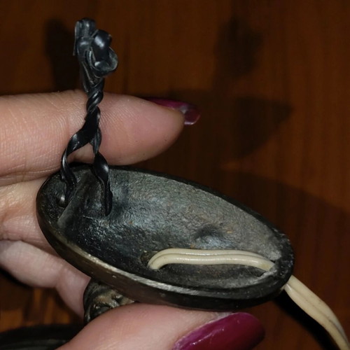 Vintage Hanging Oil Lamp used, brass with carved arm