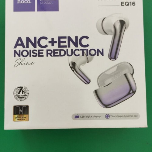 Bluetooth 5.3 Hoco earbuds with ANC+ENC, charging case and purple battery LED display