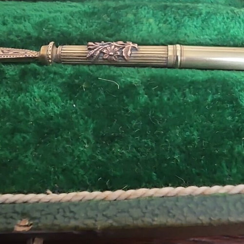 French Art Nouveau writing set used, gilded brass with penholder and seal