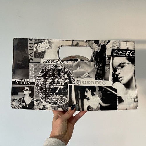 Vintage newspaper print clutch bag with metal handle, black and white