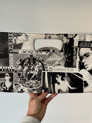 Vintage newspaper print clutch bag with metal handle, black and white