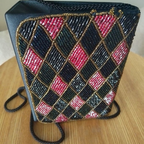 Vintage satin evening bag with colorful beads