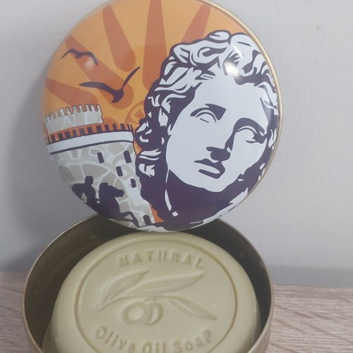 Aromatic genuine soap made from olive oil in tin box