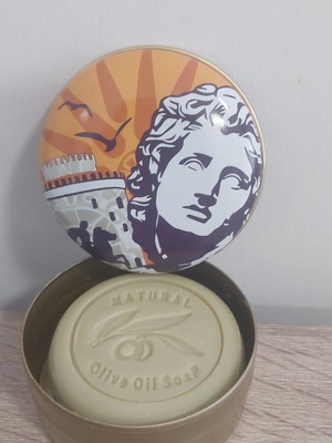 Aromatic genuine soap made from olive oil in tin box