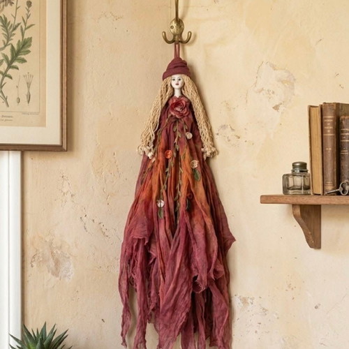 Handmade decorative wall doll with ceramic face and burgundy dress