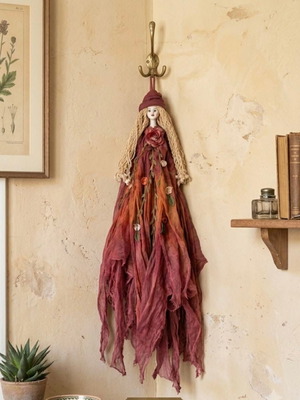 Handmade decorative wall doll with ceramic face and burgundy dress