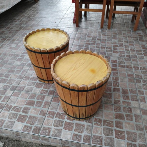 Set of 2 handmade wooden stools and side tables rustic barrel style used