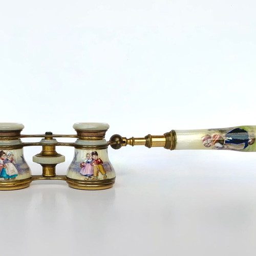 Porcelain brass mother of pearl opera glasses used antique French c.1850-1900