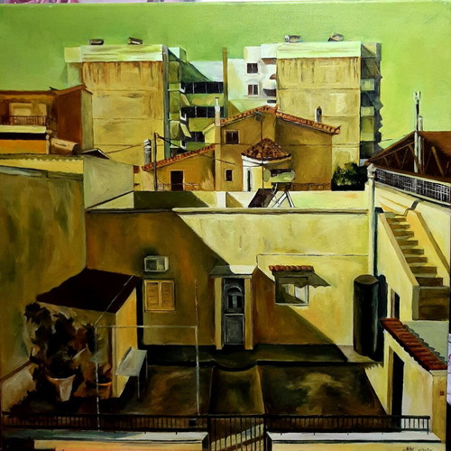Oil painting urban landscape on canvas new, Vicky Baltzi