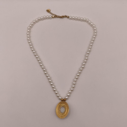 Stainless Steel Necklace with Pearls and Oval Pendant