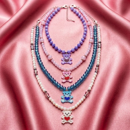 Miyuki bear necklaces, handmade with glass crystals and steel chain