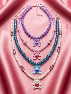 Miyuki bear necklaces, handmade with glass crystals and steel chain