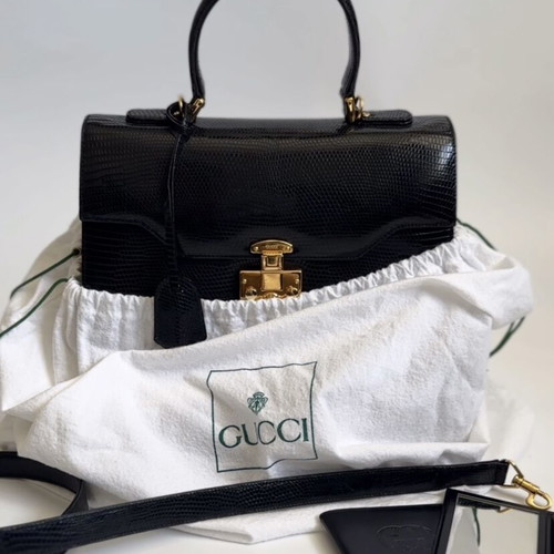 Gucci Lady Lock lizard skin shoulder bag used, large, black