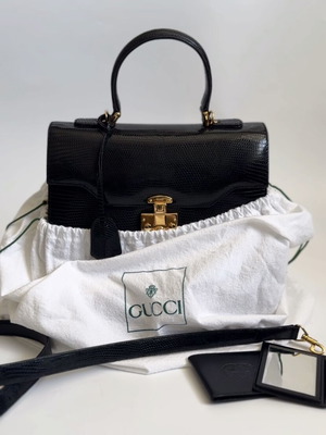Gucci Lady Lock lizard skin shoulder bag used, large, black