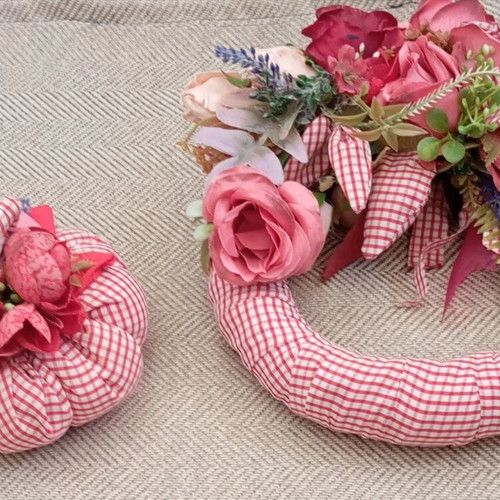 Fabric wreath and pumpkin with decorative flowers new