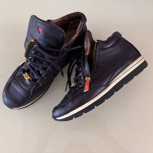Toutounis women's leather sneakers size 38 blue metallic with gold details like new
