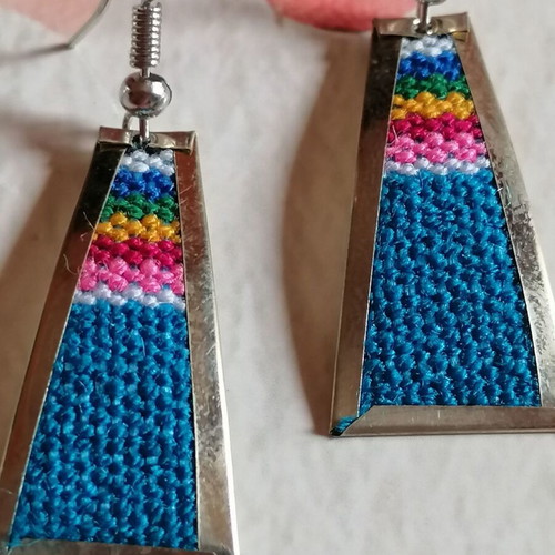 Handmade earrings new alpaca metal with colorful woven wool