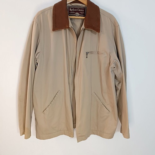 Marlboro Classics men's cotton jacket XL beige with leather collar, like new
