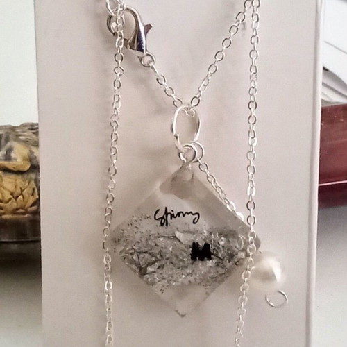 Handmade necklace "M" new, white and silver with rhombus and Shinny inscription