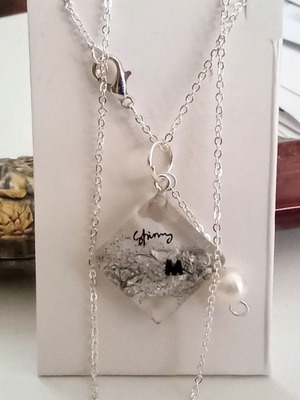 Handmade necklace "M" new, white and silver with rhombus and Shinny inscription