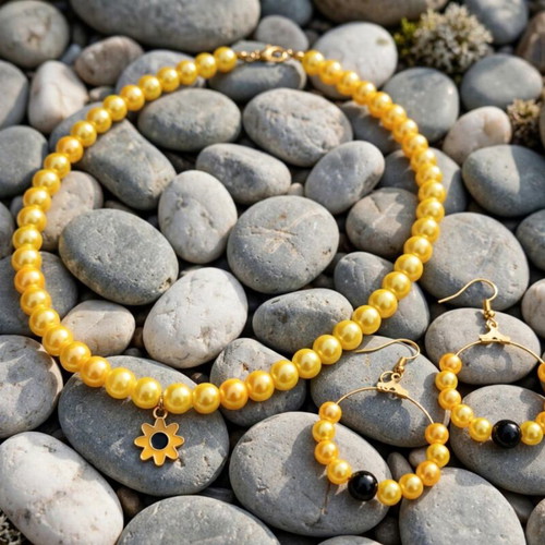 yellow beaded summer necklace and earrings set