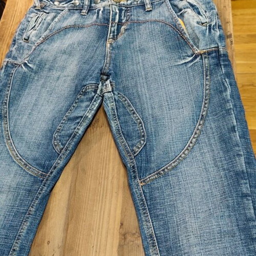Phard denim overalls like new, blue, leather straps, 7/8 length