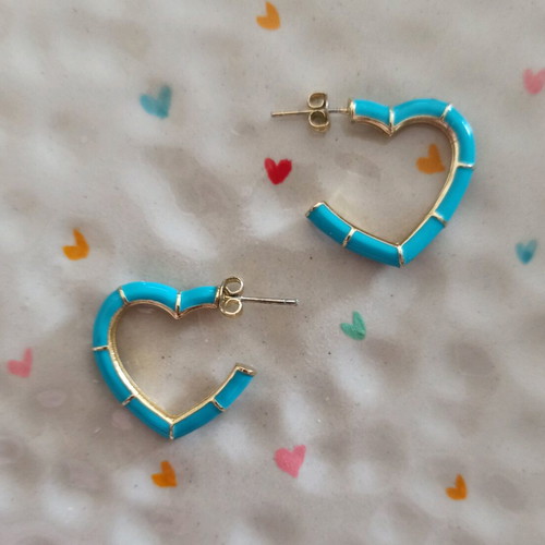 Heart-shaped steel earrings in turquoise and gold color, like new