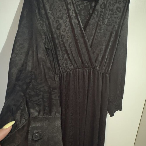Long black satin dress one size like new with belt