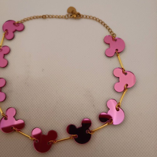 Choker with pink plexiglass Mickey new, gold details