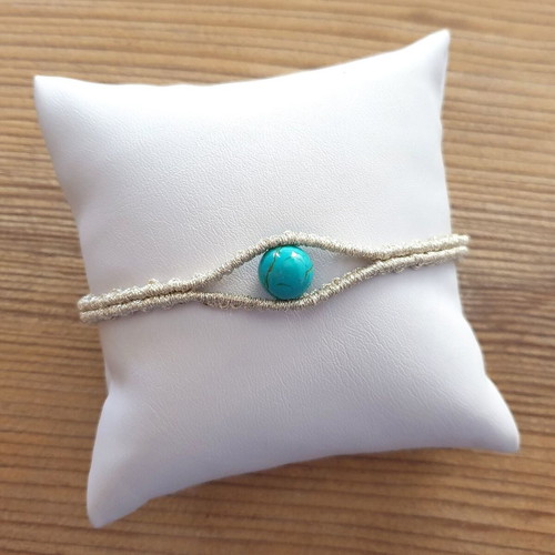 Women's eye outline bracelet metallic handmade with turquoise haolite new