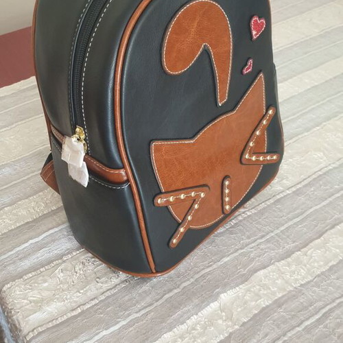 Sammao leather backpack with cat design, brown and black