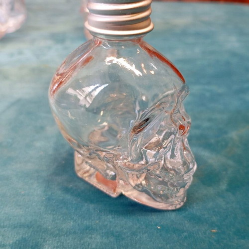 Decorative skulls and miniature bottles unused, set of 6+5 with large jar
