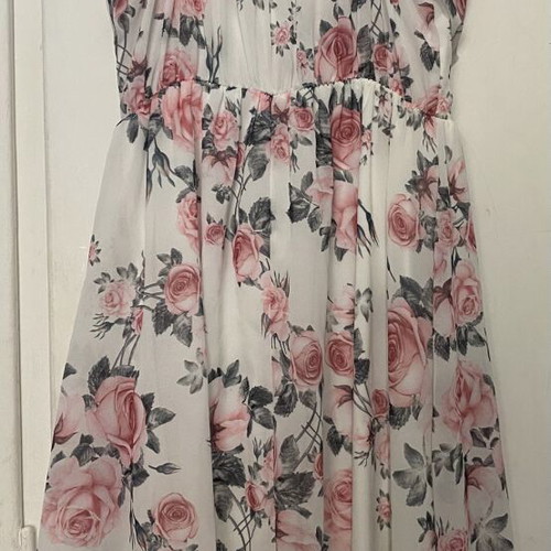 Floral dress new, adjustable straps, wrap cut, elastic under bust, white and pink