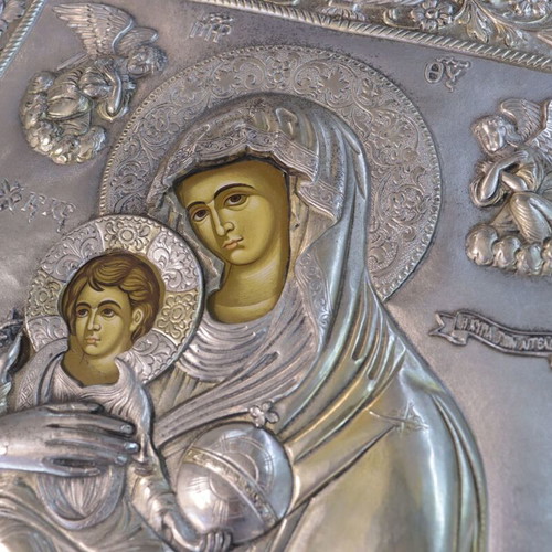 Byzantine icon Panagia ton Angelon with silver 950 and carved wooden frame, new