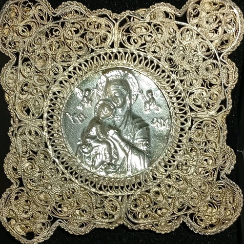 Filigree religious icon Virgin Mary gilded silver 925 like new