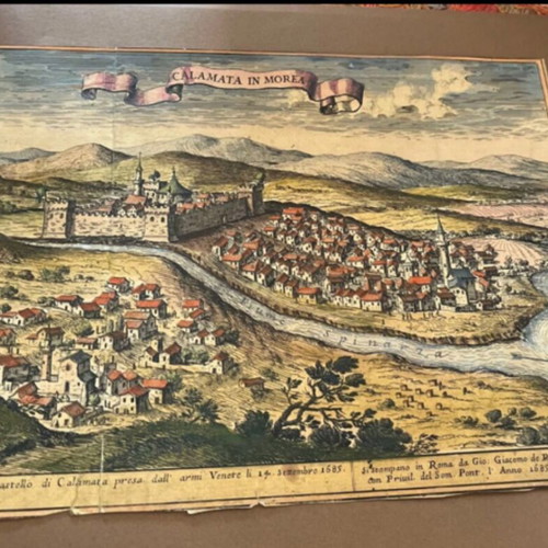 Engraving of Kalamata 1685 used, Venetian Morosini conquest