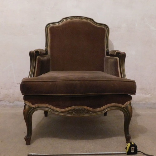 Wooden armchair vintage used with velvet upholstery