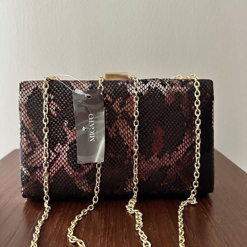 Migato Clutch Snake Print Bag New Brown with Gold Details