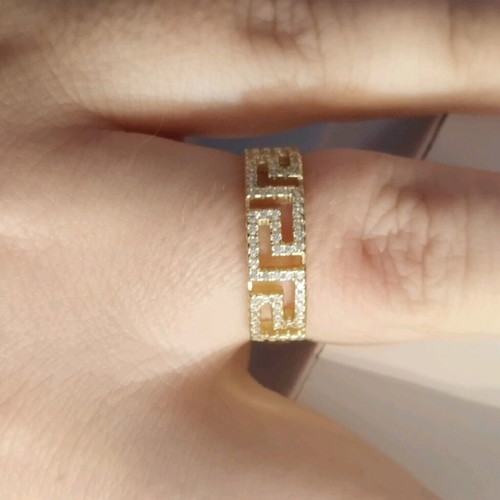 Ring with meander design and stones, 925 silver, gold color, new