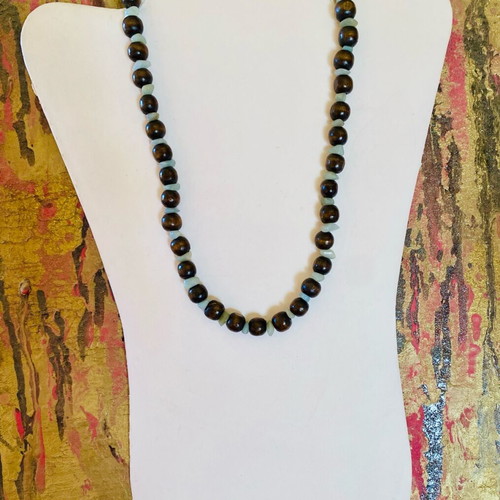 Handmade necklace new with brown wooden and green stone beads