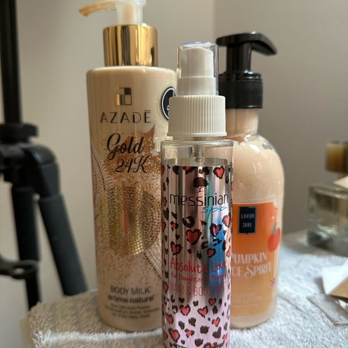 Body lotion Azade Gold 24K, Lavish Jare Pumpkin Spice Spirit and Messinian Spa hair & body mist used