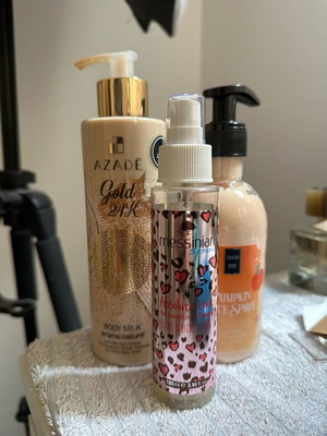 Body lotion Azade Gold 24K, Lavish Jare Pumpkin Spice Spirit and Messinian Spa hair & body mist used