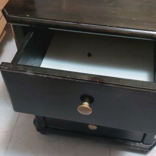 Wooden vintage nightstand with 3 drawers used, dark brown